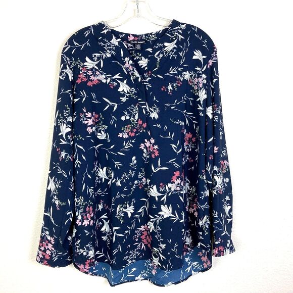 Hilary Radley Women's V-Neck Popover Top Size L Blue Floral Button Cuff - Picture 1 of 9